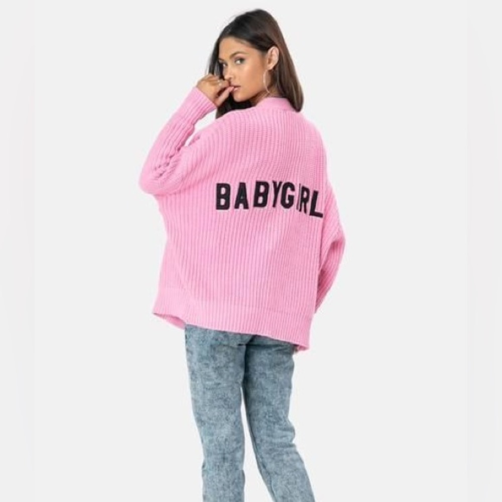 Adika "Babygirl" Barbiecore Baby Pink Oversized Knit Button-Down Cardigan